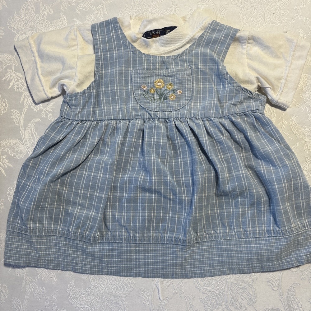Vintage Route 66 Girls Sleeveless Floral Embroidered Blue Dress & Shirt 12 Month